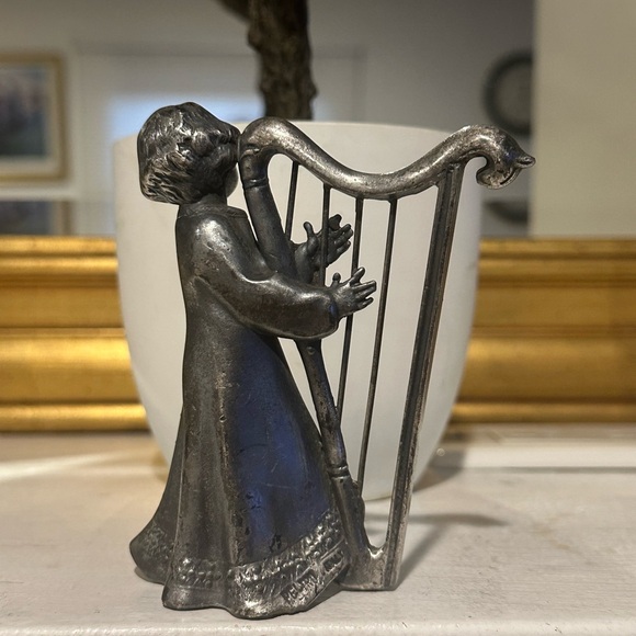 Vintage Market Peltro Italy Pewter Angel Playing Harp Figure. 5” - Picture 2 of 8